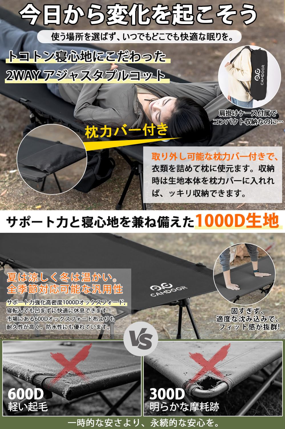 Amazon.co.jp: CAMDOOR コット キャンプ 2way【高密度1000D